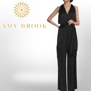 NWT Ramy Brook Savannah Faux Wrap Jumpsuit Black Satin Sleeveless V-Neck Sz XS